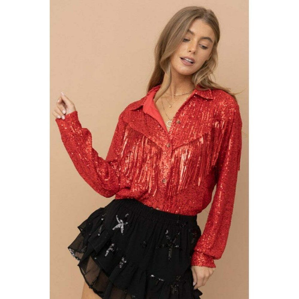 Texas Hold'em Red Sequin Fringe Western Button Up Top Vegas Party Shirt 32377T - Picture 7 of 11